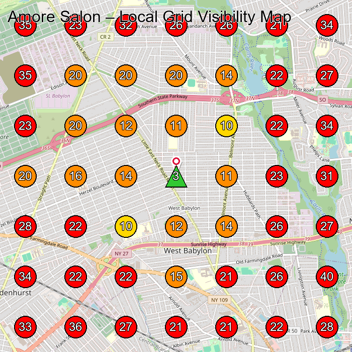 Amore Salon GeoGrid visibility map for Hair Salon in West Babylon